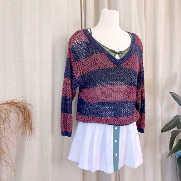 Burgundy knit crochet pullover striped open knit sweater Large - Picture 1 of 4